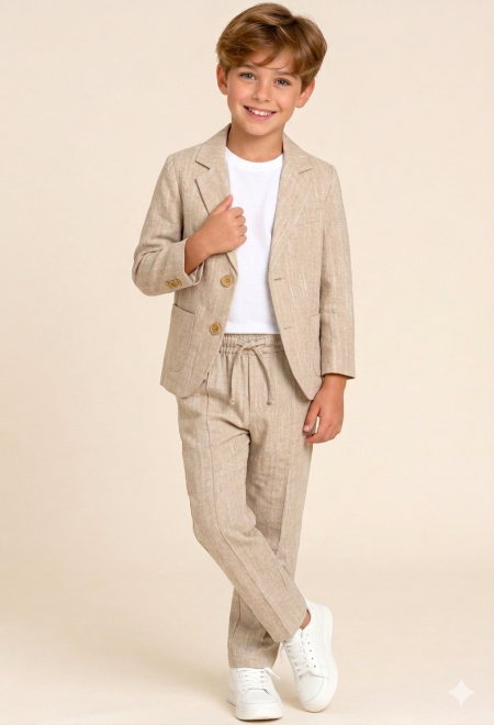 بدلة ولادي باللون البيج  بتصميم "سبور" مريح - مناسبة للحفلات والأعياد