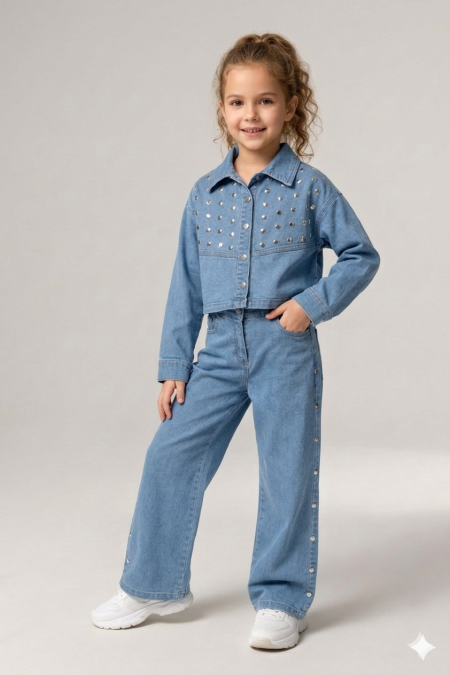 طقم تركي جينز بناتي مكون من قطعتين للاعمار من ٧-١١ سنة