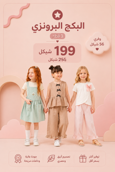 البكج البرونزي 1 يضم 3 أطقم مختارة بسعر 199 ₪ بدلًا من 255 ₪ للأعمار 3-7 سنوات