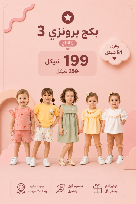 البكج البرونزي 3 يضم 5 أطقم مختارة بسعر 199 ₪ بدلًا من 255 ₪ للأعمار 6-24 شهر