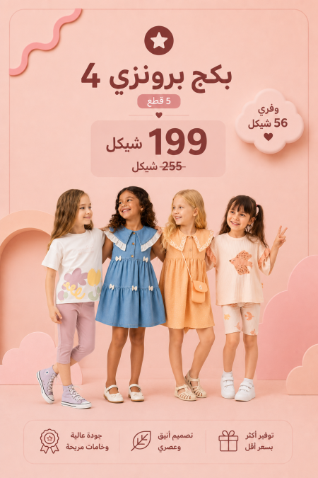 البكج البرونزي 4 يضم 4 أطقم مختارة بسعر 199 ₪ بدلًا من 255 ₪ للأعمار 1-4 سنوات