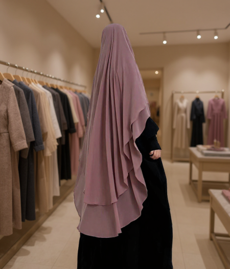 خمار جورجيت طبقتين طويل لون زهر