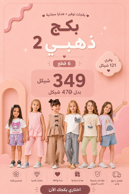 البكج الذهبي 2 يضم 6 أطقم مختارة بسعر 349 ₪ بدلًا من 470 ₪ للأعمار 7-8 سنوات