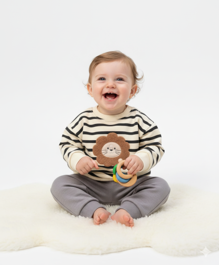 طقم ولادي شتوي مع رسمة أسد للأعمار ٦-٢٤ شهر